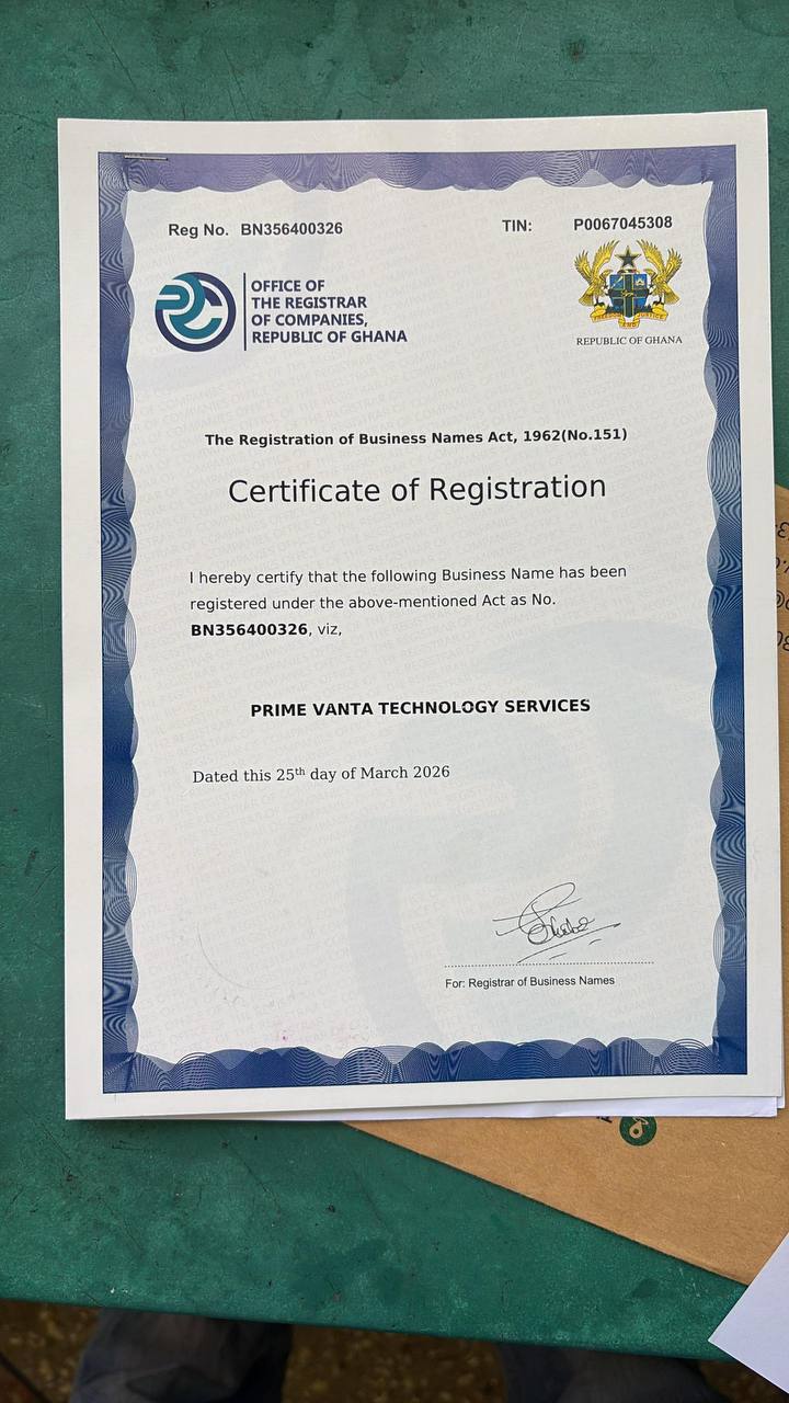 Certificate of Registration for Prime Vanta Technology Services