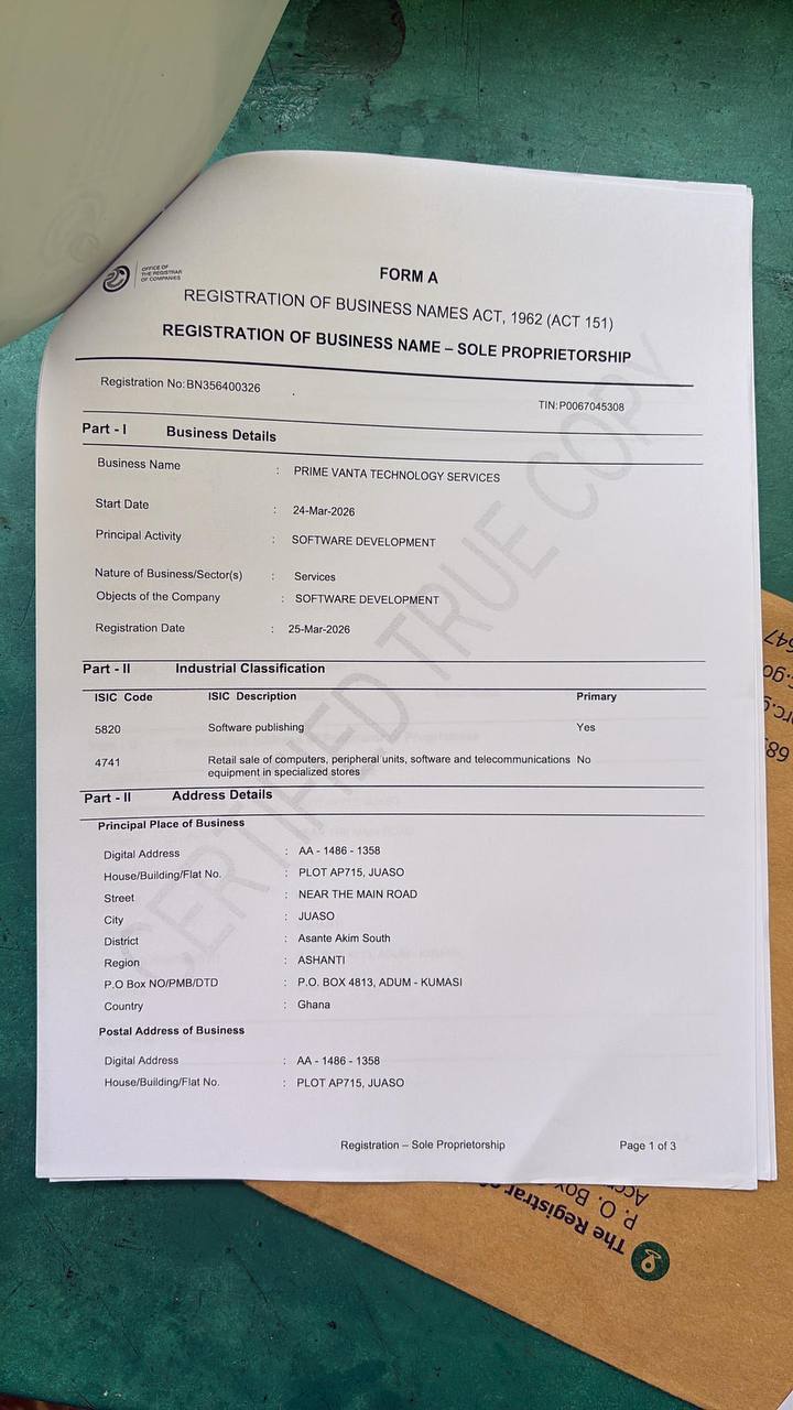 Registration page with business details