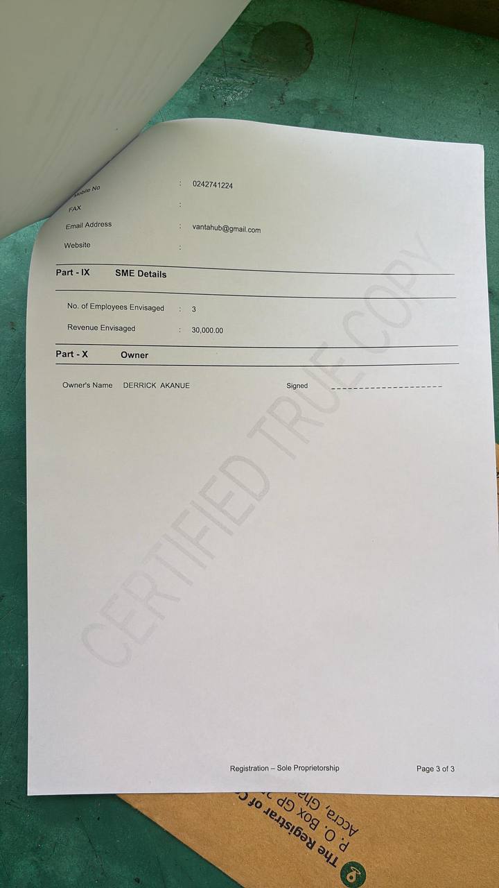 Registration page with contact details